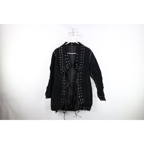 Vtg 60s 70s Womens L Distressed Riveted Fringed Suede Leather Open Front Jacket